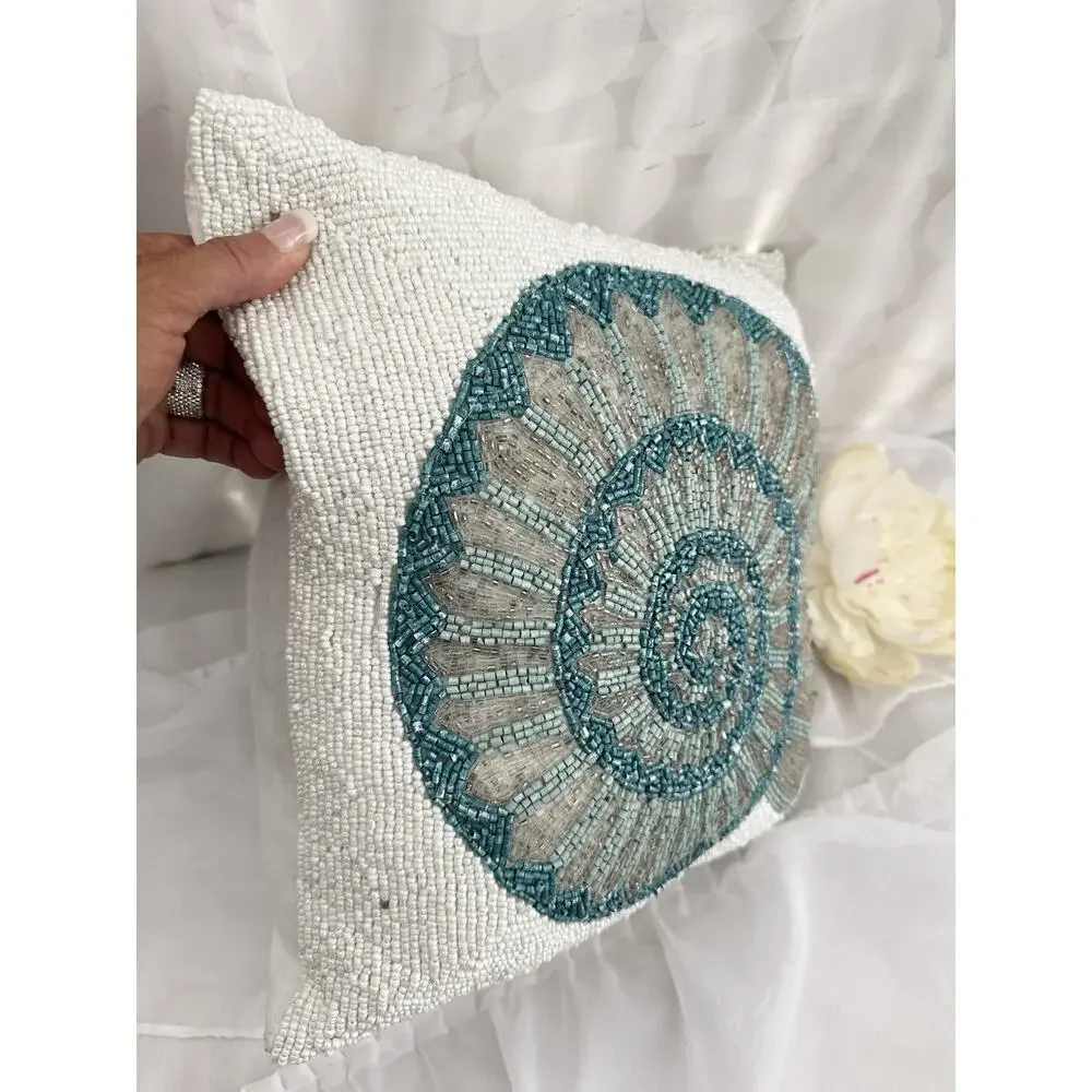 White GLASS  Beaded Accent Pillow Blue Shell Coastal Beach Teal Blue Square 12”
